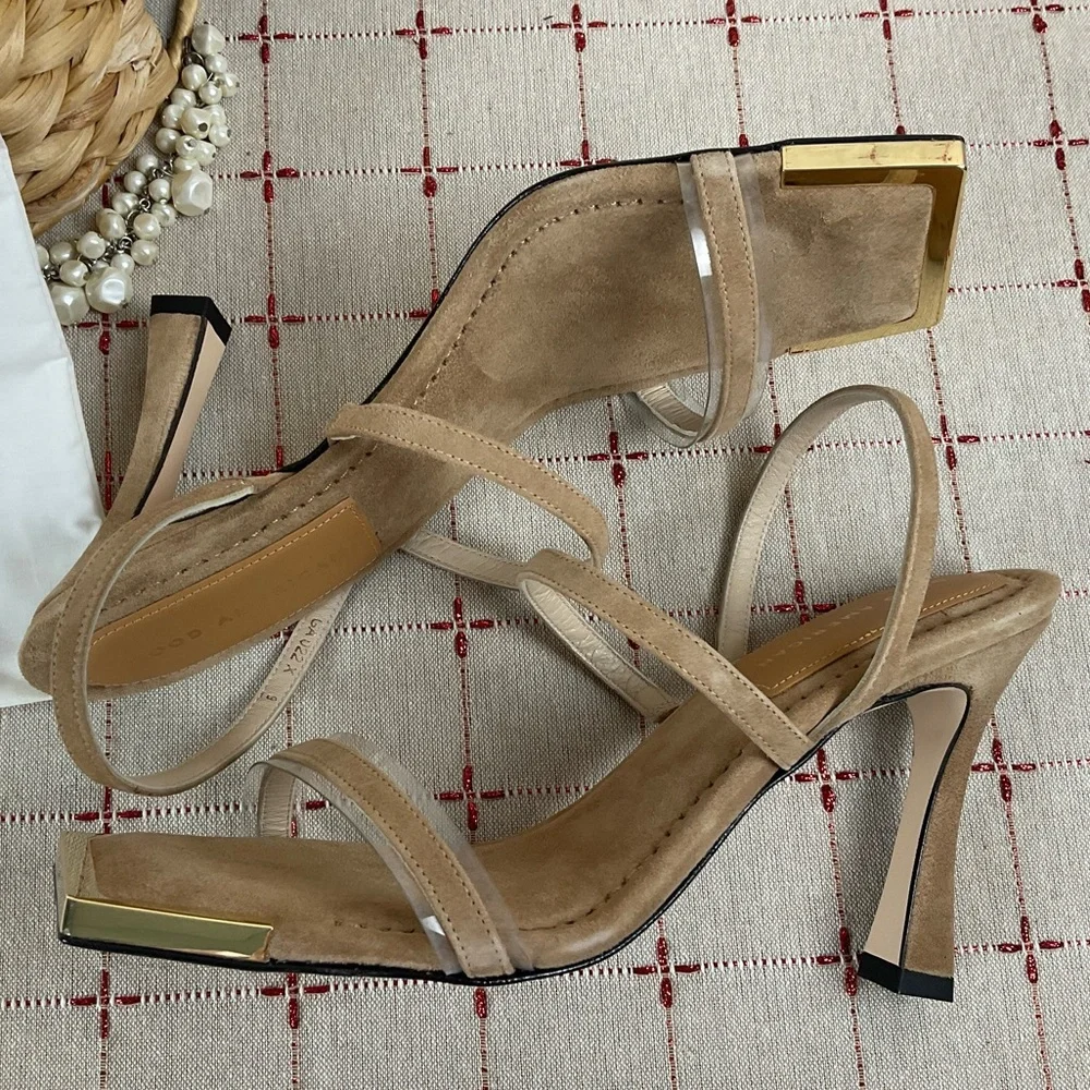 Good American Suede Strappy Heels Gold Square Toe Sz 9 Light Brown Leather New - Picture 8 of 8